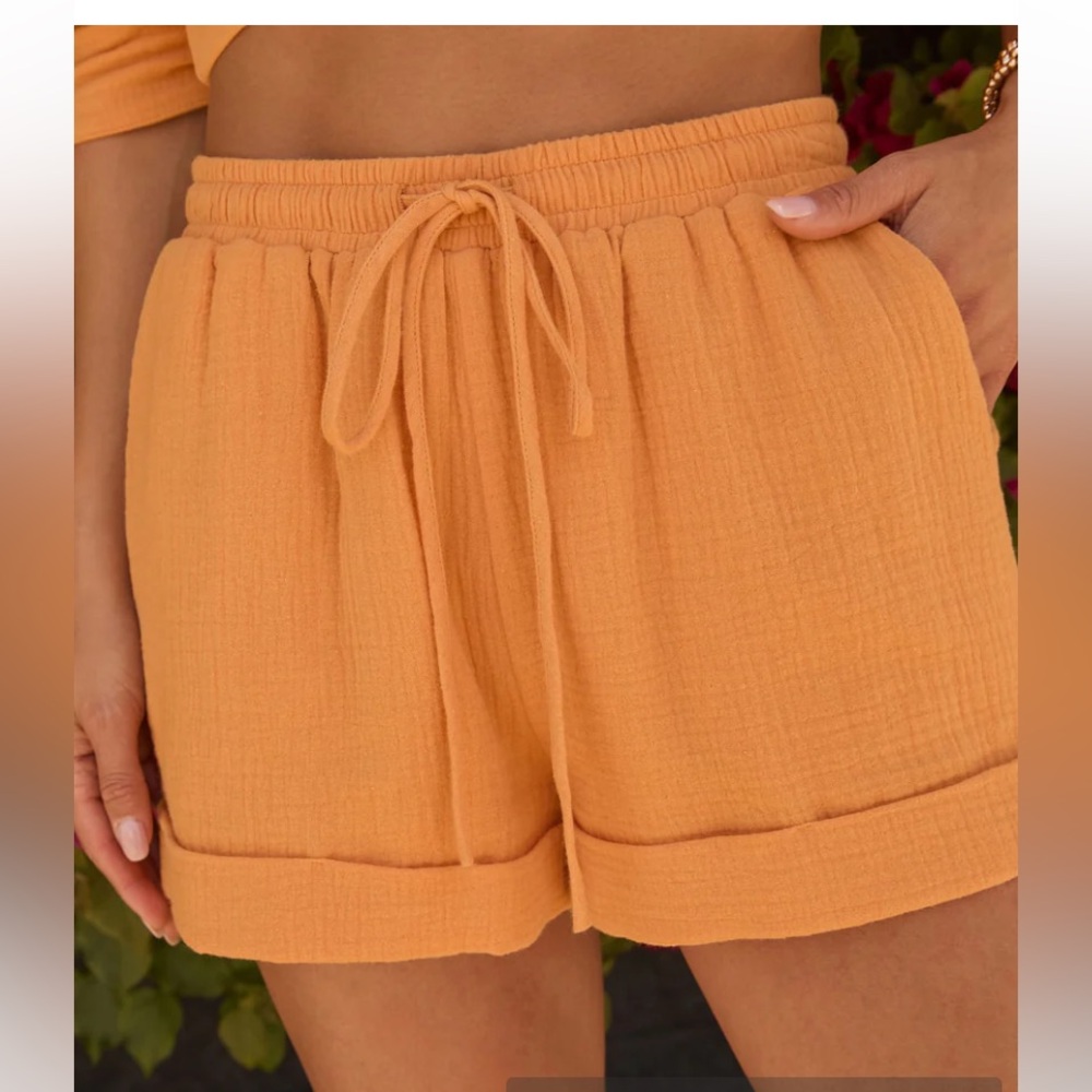 Vici Orange Gauze Cuffed High Waist Shorts